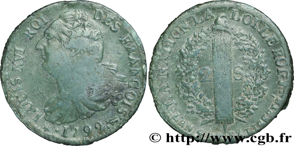 LOUIS XVI 2 sols dit &nbsp;au faisceau&nbsp;, type FRANÇOIS 1792 Pau VF
