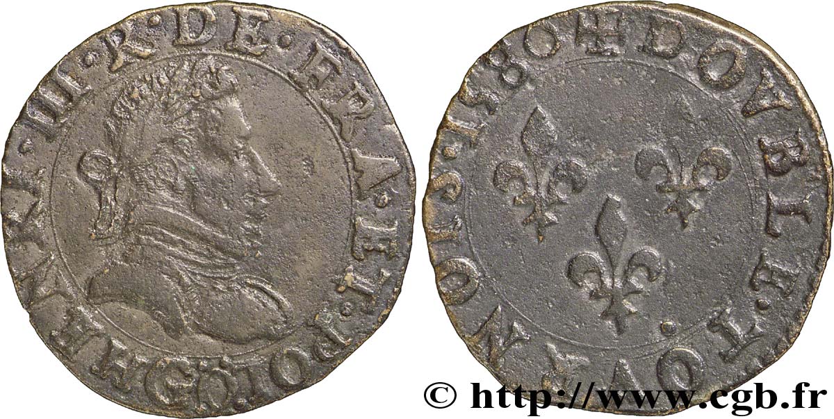 HENRY III Double tournois, type de Poitiers 1580 Poitiers XF