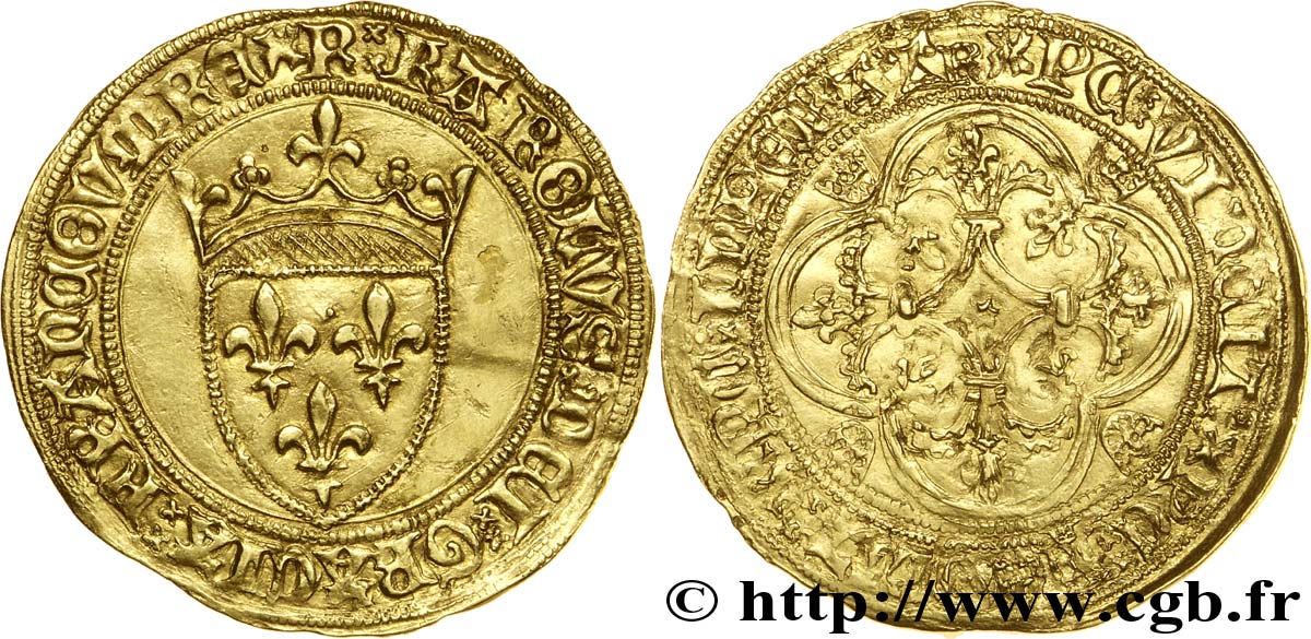 DAUPHIN CHARLES, RÉGENT - MONNAYAGE AU NOM DE CHARLES VI Écu d or, 2e type n.d. Riom SUP/TB+