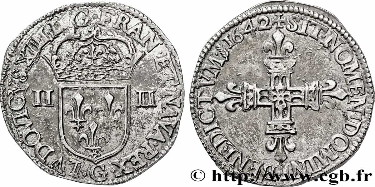 LOUIS XIII LE JUSTE Quart d&nbsp;écu, à la croix fleurdelisée, titulature côté écu 1642 Poitiers TTB/TTB+