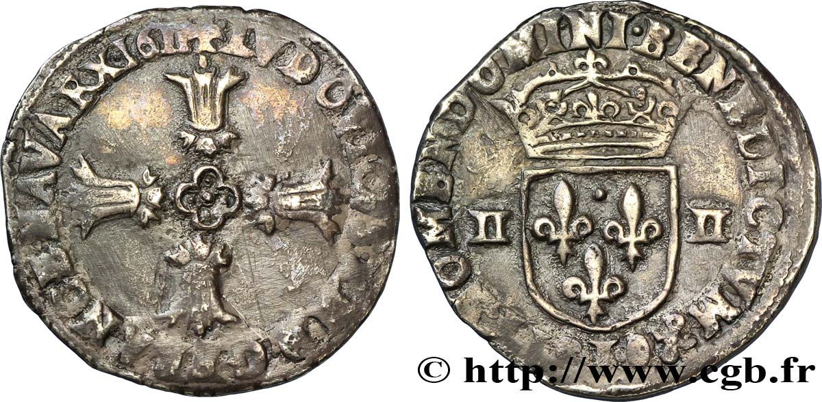 LOUIS XIII LE JUSTE Quart d écu, à la croix fleuronnée, titulature côté croix 1611 Bayonne TB+/TTB