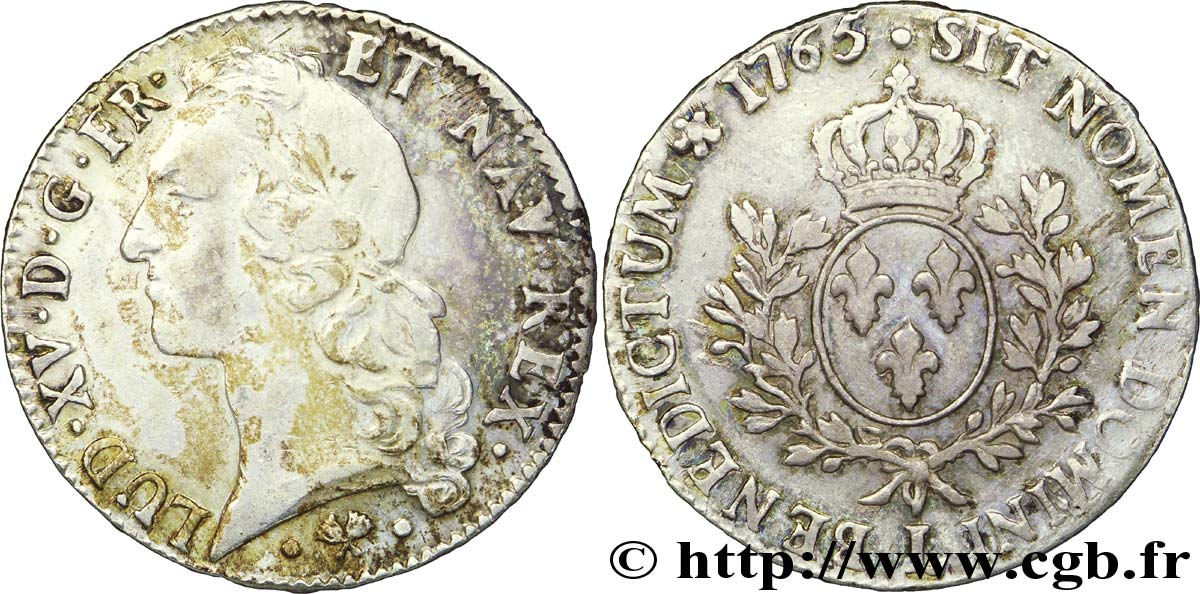 LOUIS XV DIT LE BIEN AIMÉ Écu aux branches d’olivier, tête ceinte d’un bandeau 1765 Bayonne TB+/TTB