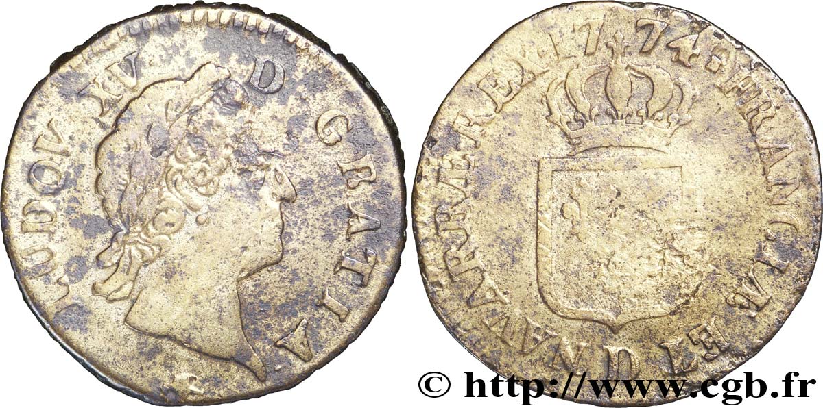 LOUIS XV DIT LE BIEN AIMÉ Sol dit &nbsp;à la vieille tête&nbsp; 1774 Lyon TB