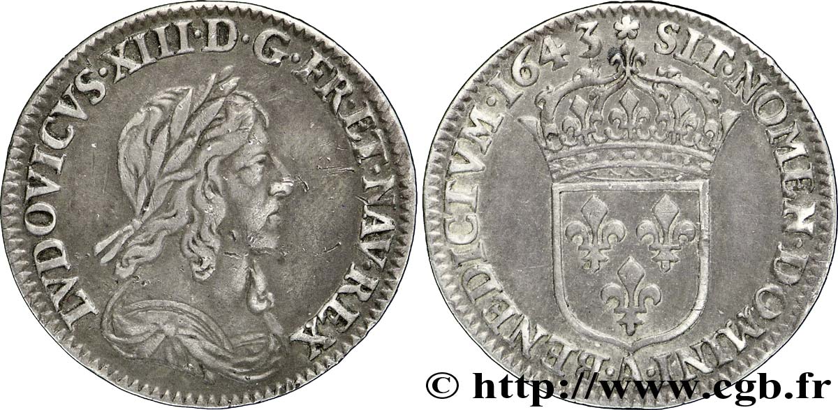 LOUIS XIII Douzième d écu, buste drapé et cuirassé (2e buste de Jean Warin) 1643 Paris, Monnaie de Matignon XF/AU