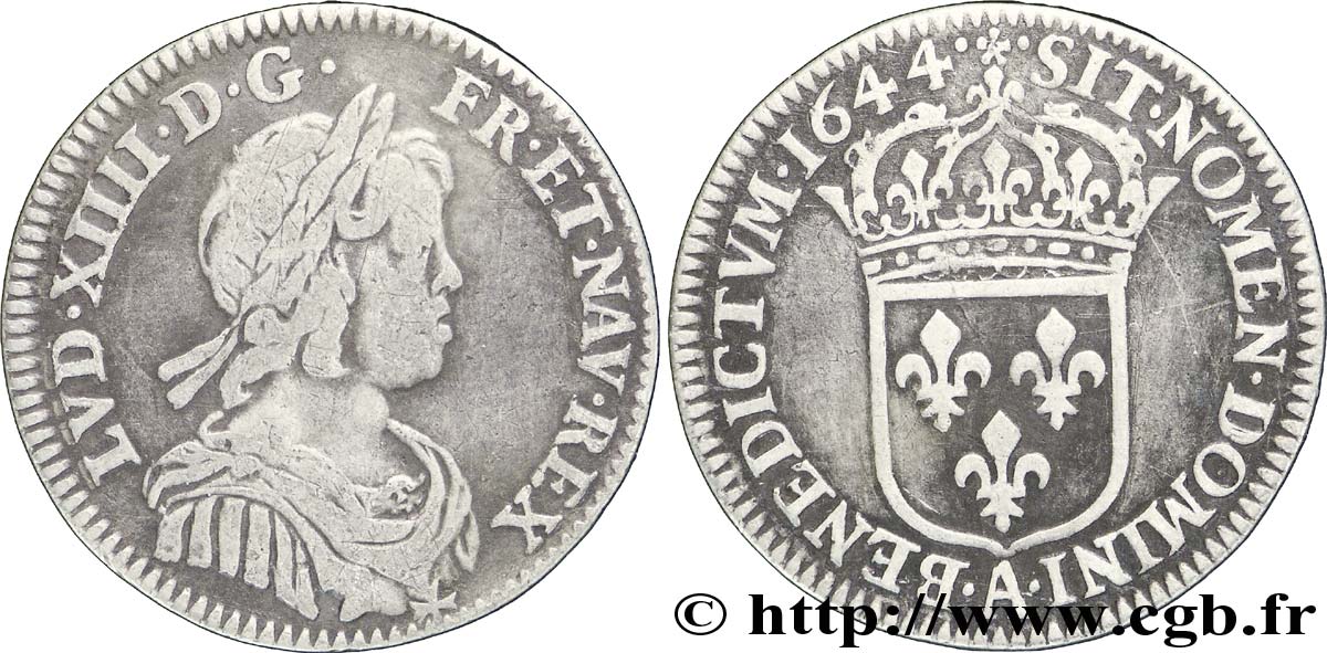 LOUIS XIV LE GRAND OU LE ROI SOLEIL Douzième d&nbsp;écu, portrait à la mèche courte 1644 Paris, Monnaie de Matignon TB+