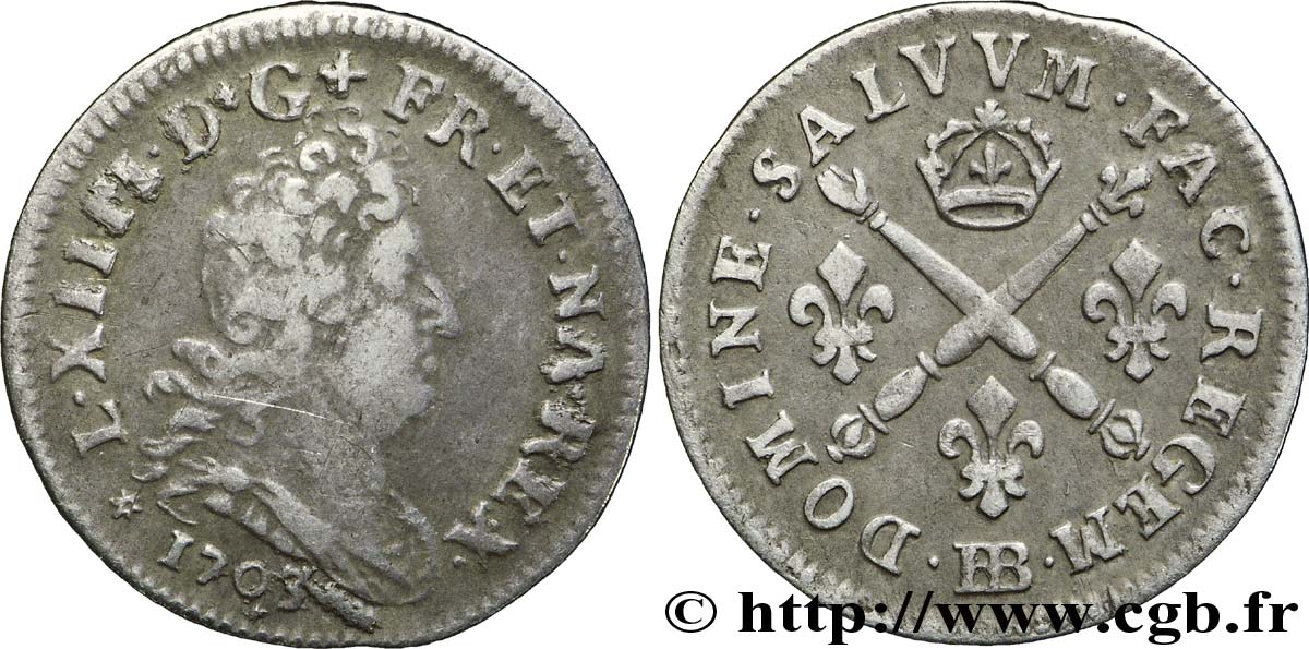 LOUIS XIV LE GRAND OU LE ROI SOLEIL Cinq sols aux insignes 1703 Strasbourg TB+/TTB
