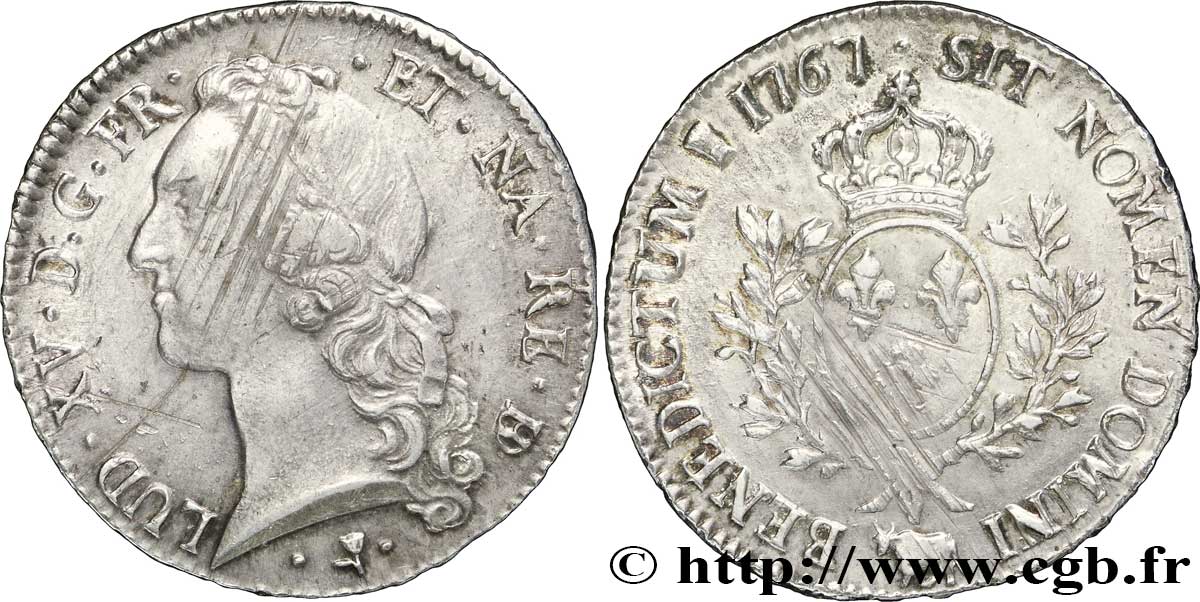 LOUIS XV DIT LE BIEN AIMÉ Écu aux branches d’olivier, tête ceinte d’un bandeau 1767 Pau TTB/TTB+