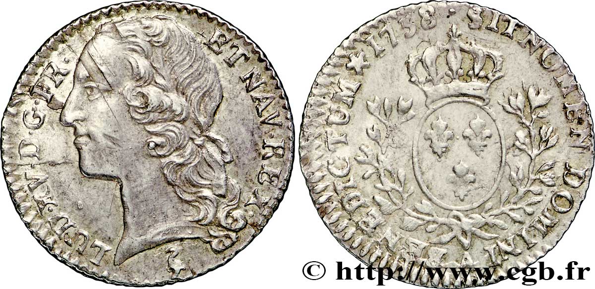 LOUIS XV DIT LE BIEN AIMÉ Dixième d&nbsp;écu aux branches d’olivier, tête ceinte d’un bandeau 1758 Paris TTB/TTB+