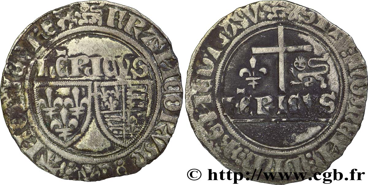 HENRY VI DE LANCASTRE - ROI DE FRANCE (1422-1453) - ROI D ANGLETERRE (1422-1461) et (1470-1471) Blanc aux écus n.d. Rouen TB+/TTB
