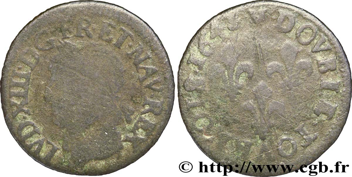 LOUIS XIII LE JUSTE Double tournois, type de Warin 1643 La Rochelle AB
