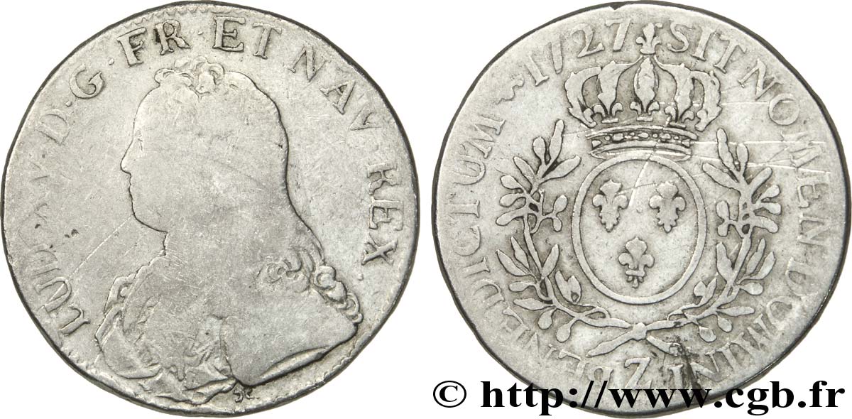 LOUIS XV DIT LE BIEN AIMÉ Écu aux branches d&nbsp;olivier, buste habillé 1727 Grenoble B/B+