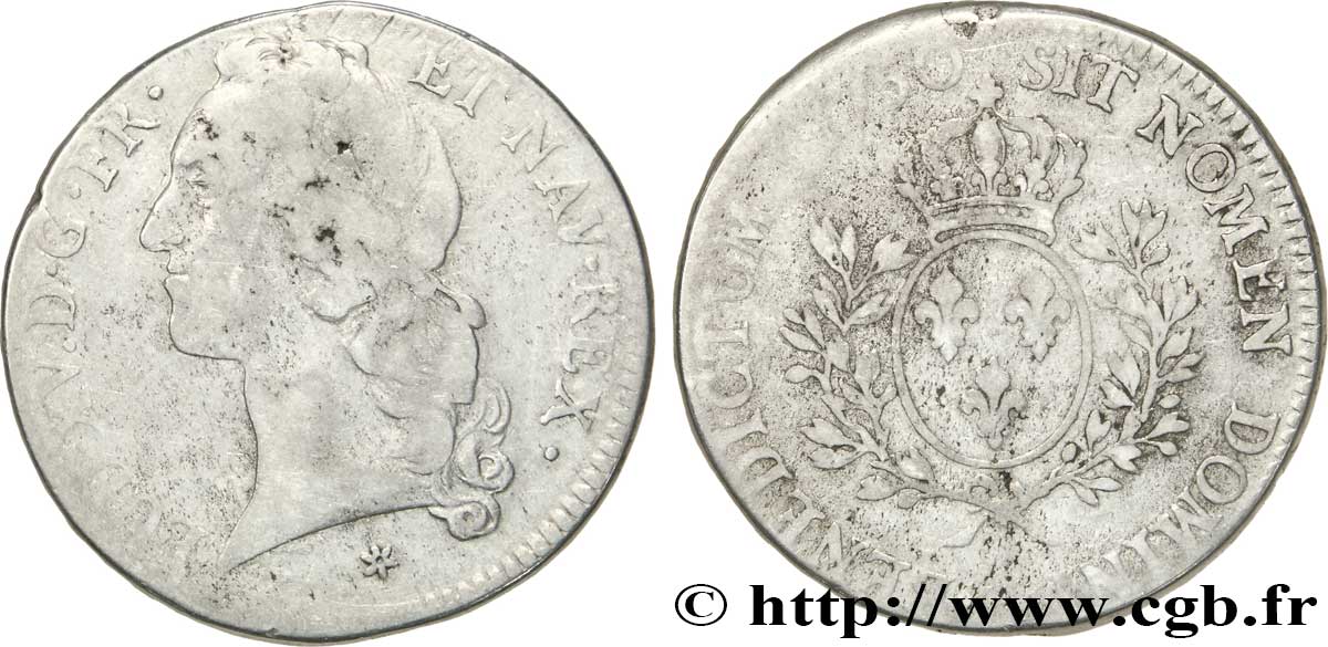 LOUIS XV DIT LE BIEN AIMÉ Écu aux branches d’olivier, tête ceinte d’un bandeau 1750 Caen B+