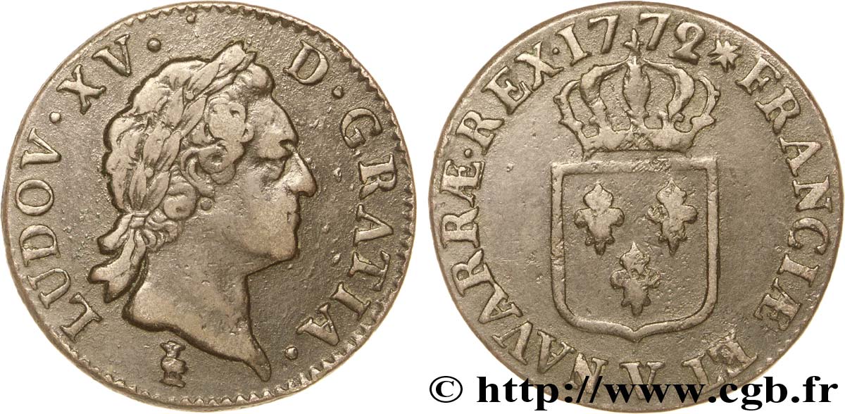 LOUIS XV DIT LE BIEN AIMÉ Sol dit &nbsp;à la vieille tête&nbsp; 1772 Troyes TTB