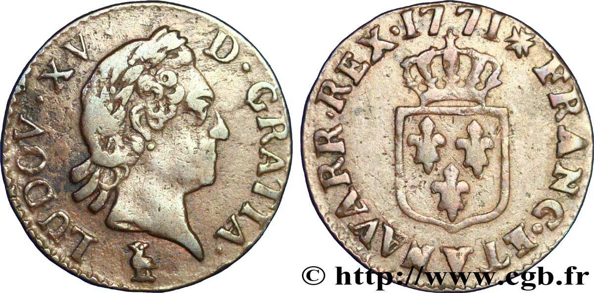 LOUIS XV DIT LE BIEN AIMÉ Liard dit “à la vieille tête” 1771 Troyes TTB