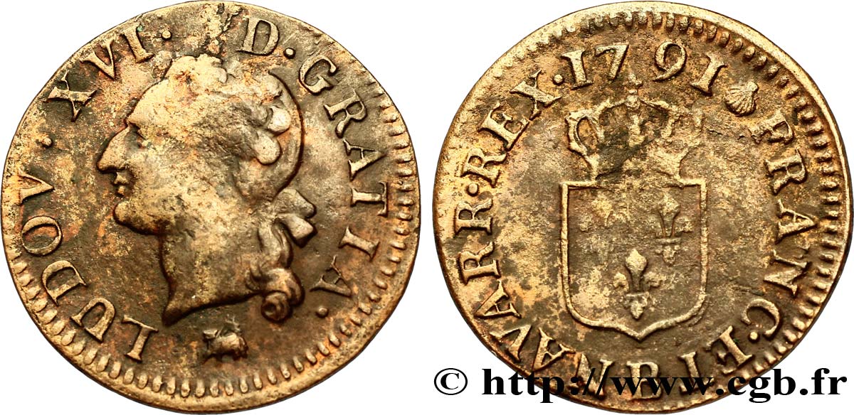LOUIS XVI Liard dit “à l écu” 1791 Rouen TB+