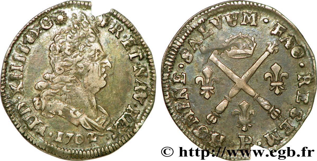 LOUIS XIV LE GRAND OU LE ROI SOLEIL Cinq sols aux insignes 1702 Dijon TTB