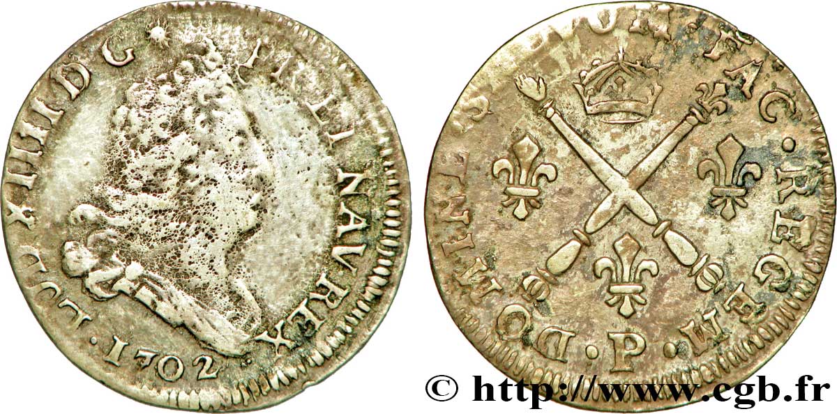 LOUIS XIV LE GRAND OU LE ROI SOLEIL Cinq sols aux insignes 1702 Dijon TB/TTB