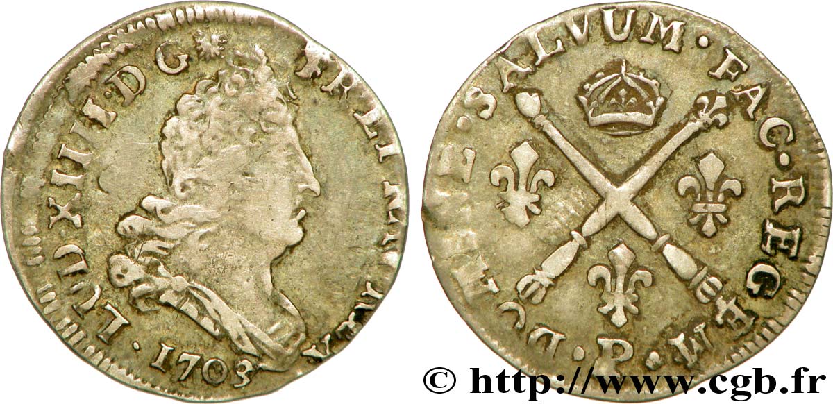 LOUIS XIV LE GRAND OU LE ROI SOLEIL Cinq sols aux insignes 1703 Dijon TTB