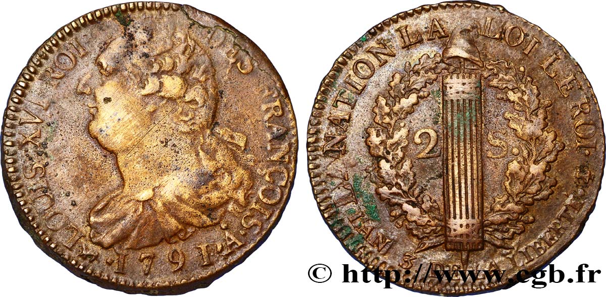 LOUIS XVI (MONARQUE CONSTITUTIONNEL)  2 sols dit &nbsp;au faisceau&nbsp;, type FRANÇOIS 1791 Paris TTB