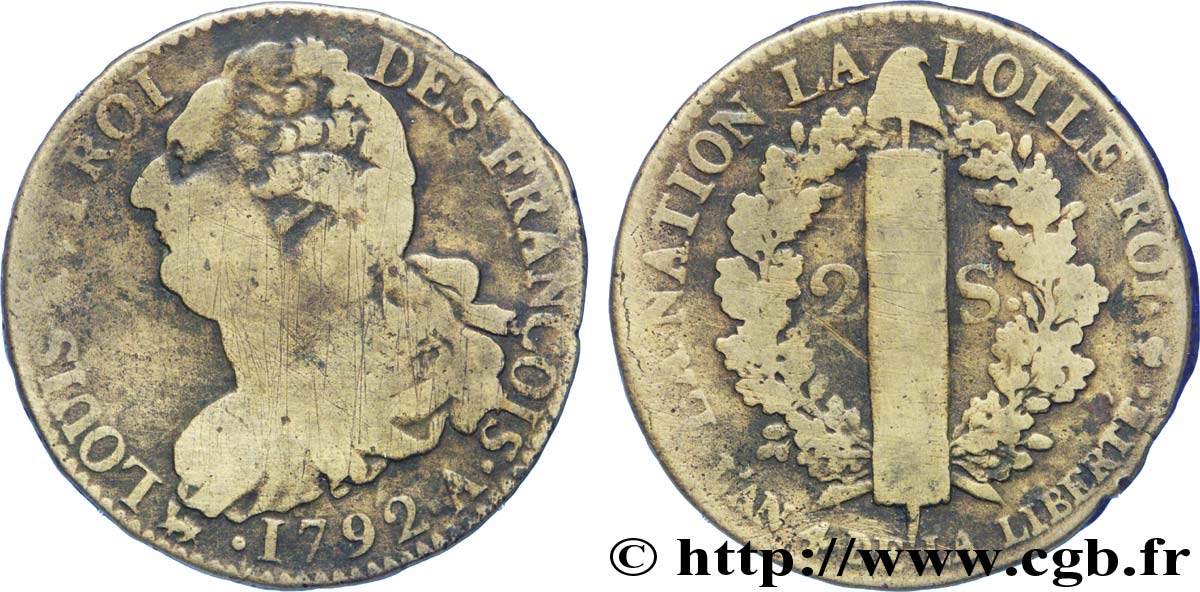LOUIS XVI (MONARQUE CONSTITUTIONNEL)  2 sols dit  au faisceau , type FRANÇOIS 1792 Paris B+