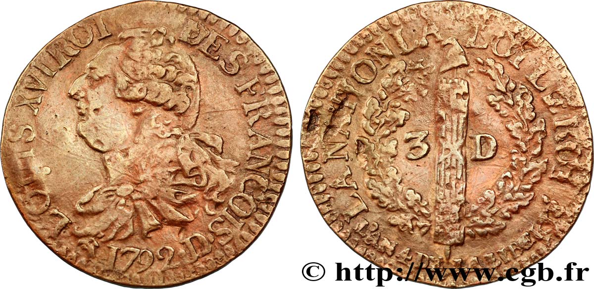 LOUIS XVI (MONARQUE CONSTITUTIONNEL)  3 deniers dit &nbsp;au faisceau&nbsp;, type FRANCOIS 1792 Lyon TB+