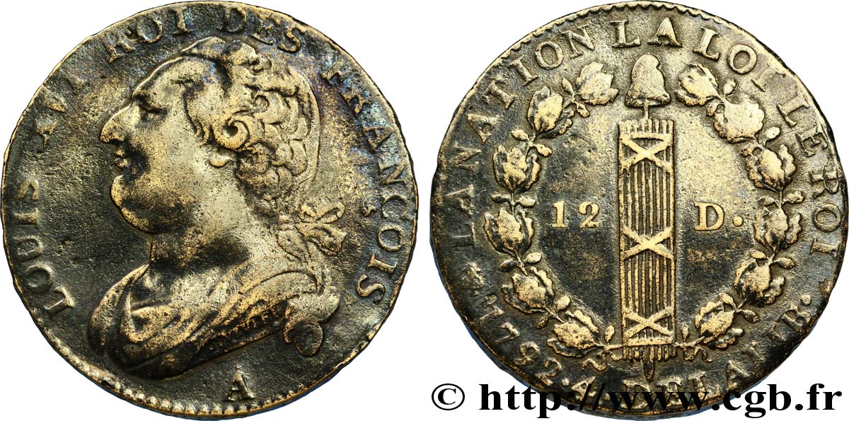 LOUIS XVI (MONARQUE CONSTITUTIONNEL)  12 deniers dit &nbsp;au faisceau&nbsp;, type FRANCOIS 1792 Paris TTB