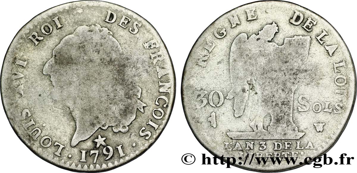 LOUIS XVI (MONARQUE CONSTITUTIONNEL)  30 sols dit  au génie , type FRANÇOIS 1791 Lille B+