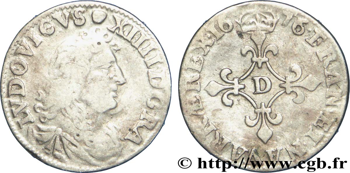 LOUIS XIV LE GRAND OU LE ROI SOLEIL Quatre sols à la croix formée de lis 1676 Vimy-en-Lyonnais (actuellement Neuville-sur-Saône) TB/TB+