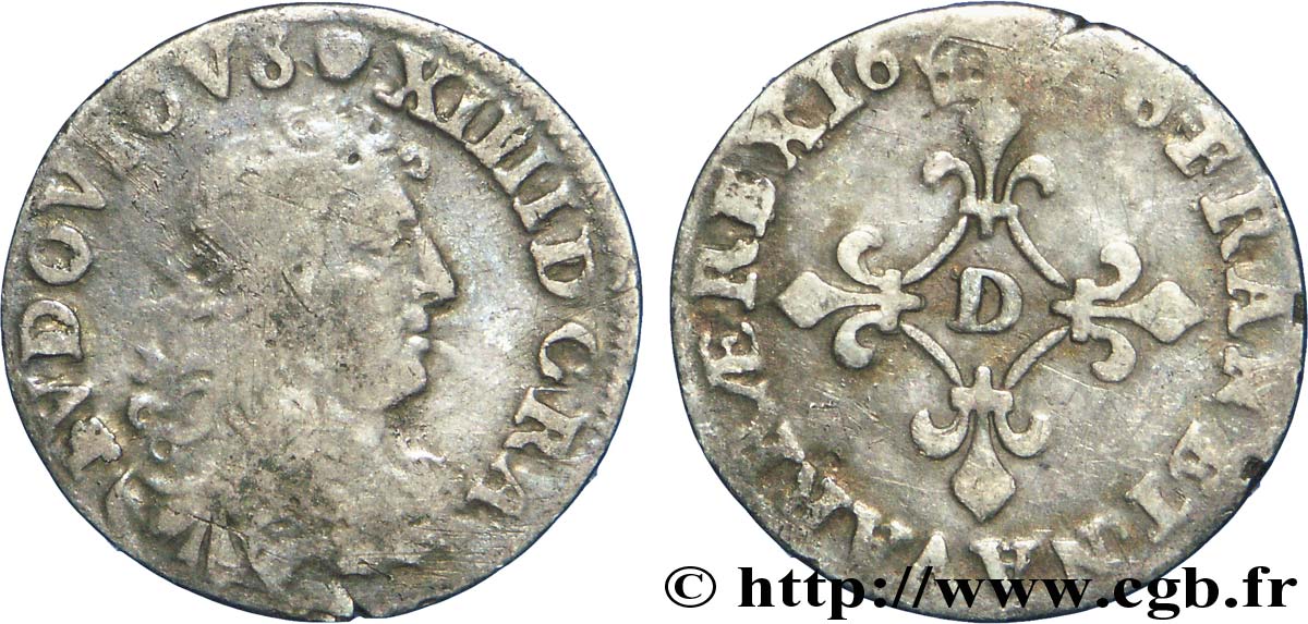 LOUIS XIV LE GRAND OU LE ROI SOLEIL Quatre sols à la croix formée de lis 1676 Vimy-en-Lyonnais (actuellement Neuville-sur-Saône) B+