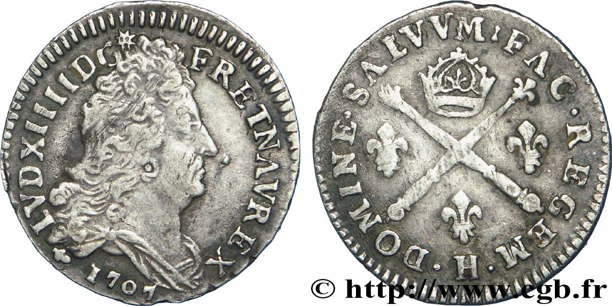 LOUIS XIV &nbsp;THE SUN KING&nbsp; 10 sols aux insignes 1707 La Rochelle AU