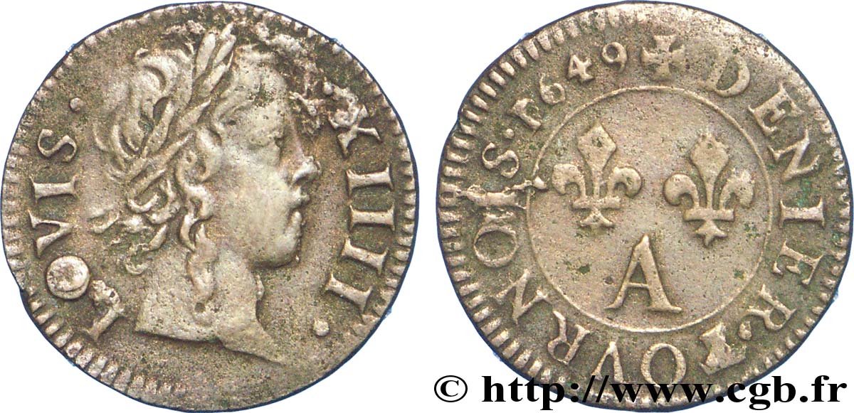 LOUIS XIV LE GRAND OU LE ROI SOLEIL Denier tournois au buste poupard 1649 Paris, Moulin du Louvre TTB+
