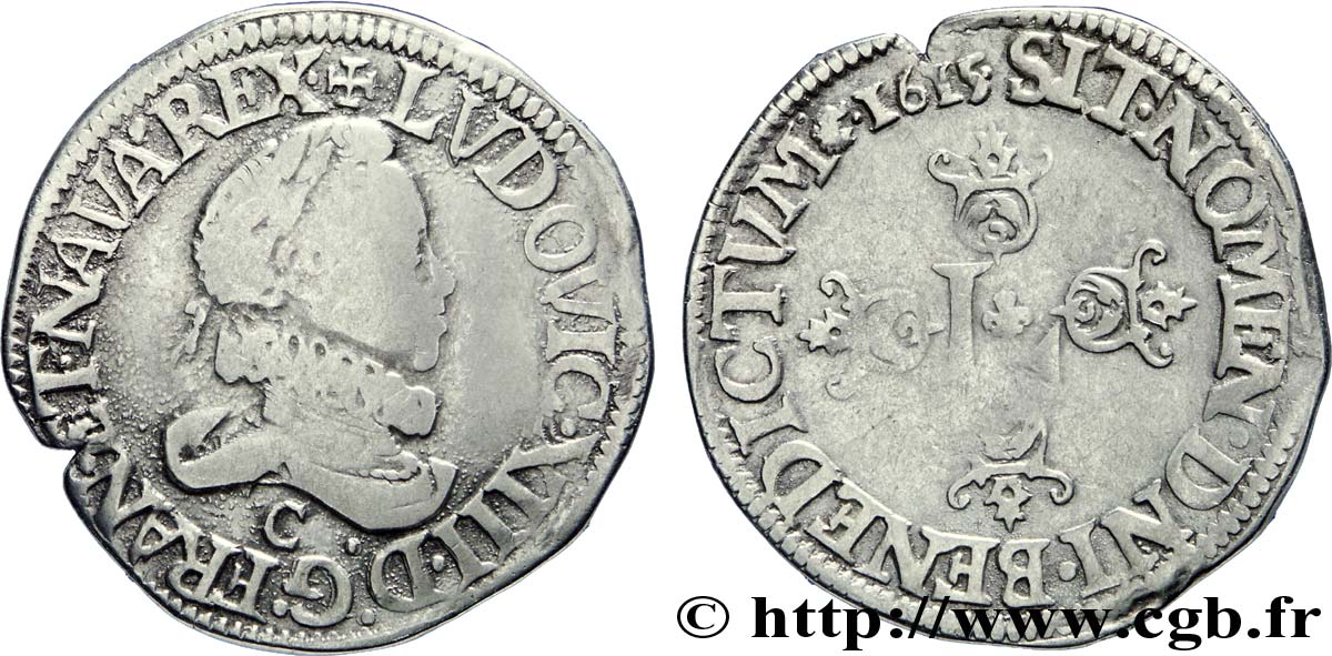 LOUIS XIII LE JUSTE Demi-franc au grand buste lauré et au col fraisé 1615 Saint-Lô TB+