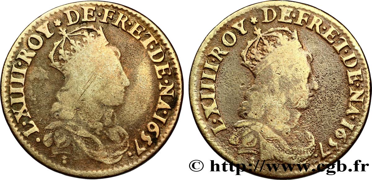 LOUIS XIV  THE SUN KING  Double avers du liard de cuivre 1657 Atelier indéterminé q.MB
