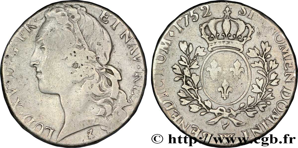 LOUIS XV DIT LE BIEN AIMÉ Demi-écu aux branches d’olivier, tête ceinte d’un bandeau 1752 Lille TB