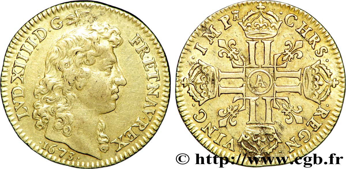 LOUIS XIV &nbsp;THE SUN KING&nbsp; Louis d’or aux huit L, portrait à la tête nue 1673 Paris XF/AU