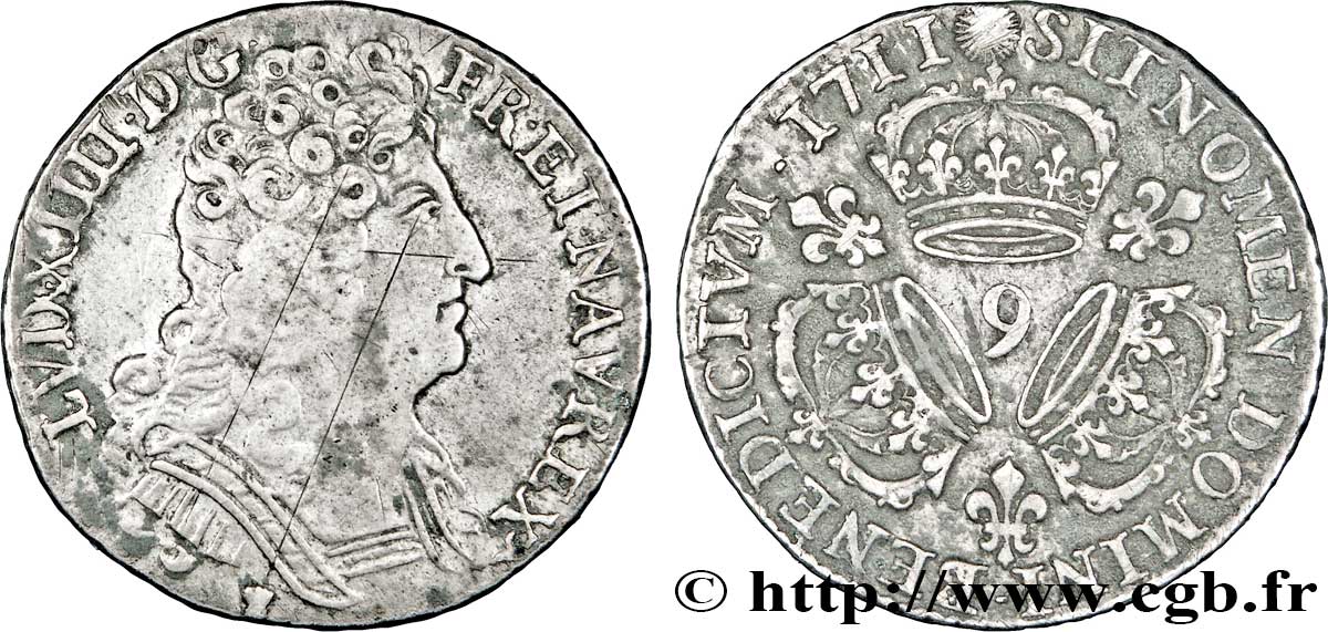 LOUIS XIV LE GRAND OU LE ROI SOLEIL Quart d&nbsp;écu aux trois couronnes 1711 Rennes TB+