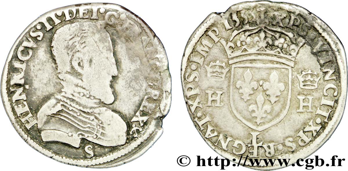 HENRI II Demi-teston à la tête nue, 1er type 1555 Bayonne TB+/TTB