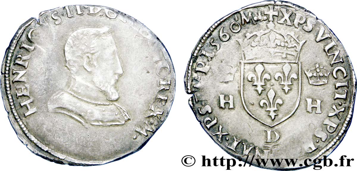 FRANÇOIS II. MONNAYAGE AU NOM D&nbsp;HENRI II Demi-teston à la tête nue, 1er type 1560 Lyon TTB+