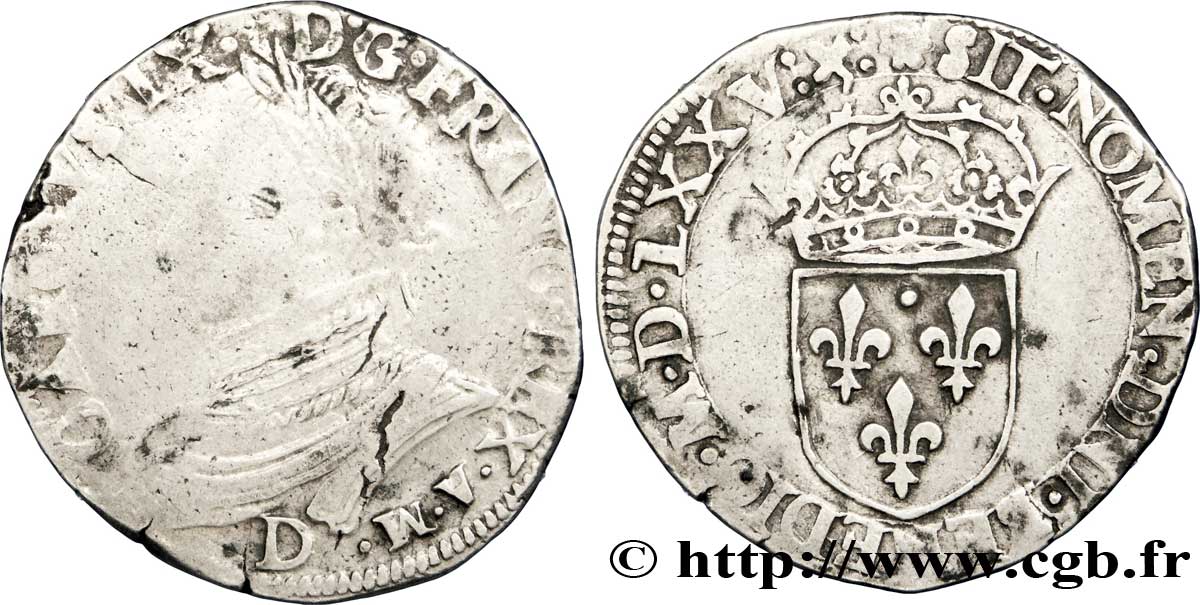 HENRY III. COINAGE AT THE NAME OF CHARLES IX Teston, 11e type 1575 Lyon VF/VF