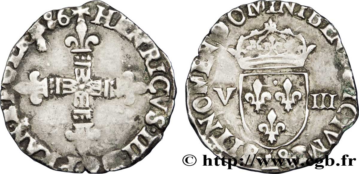 HENRI III Huitième d&nbsp;écu, croix de face 1586 Bayonne TB+/TTB