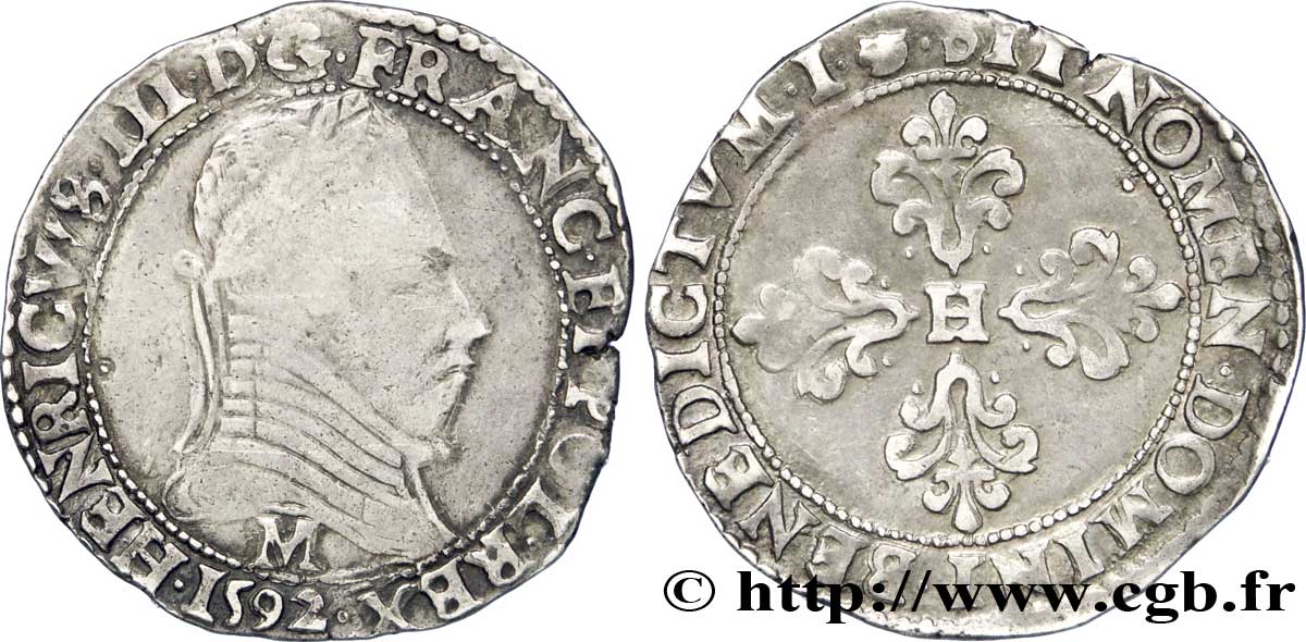 THE LEAGUE. COINAGE IN THE NAME OF HENRY III Demi-franc au col plat 1592 Toulouse VF/XF