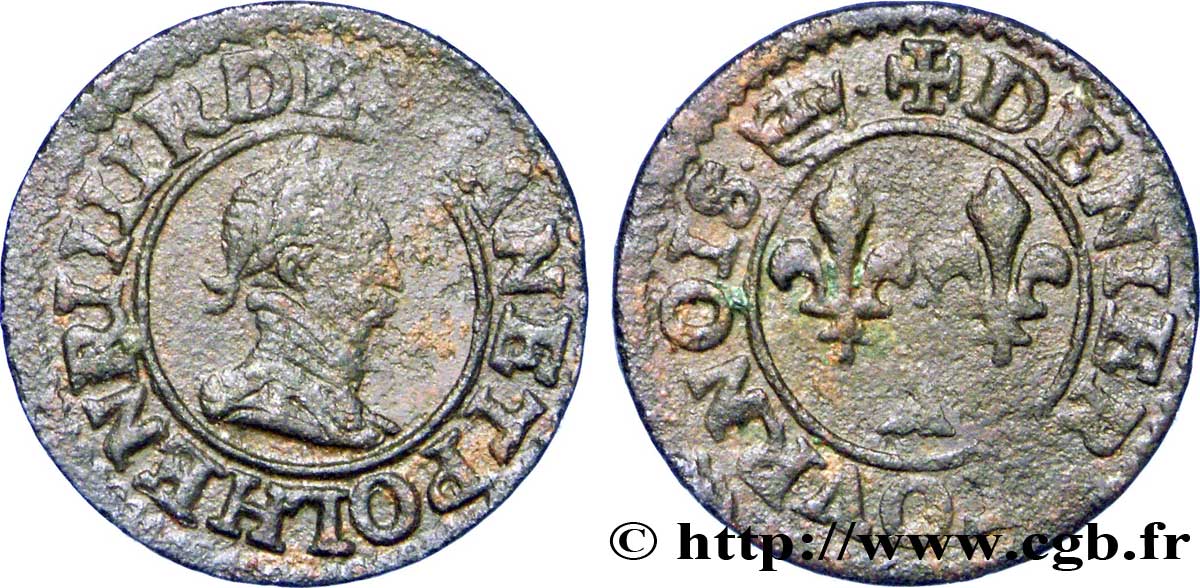 LA LIGUE. MONNAYAGE AU NOM D HENRI III Denier tournois n.d. Paris, Moulin des Étuves TTB