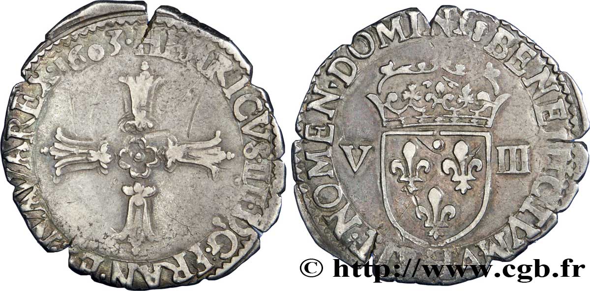 HENRI IV LE GRAND Huitième d&nbsp;écu, croix feuillue de face 1603 La Rochelle TB+/TTB