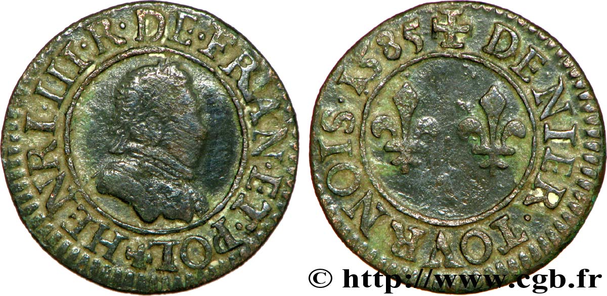 HENRI III Denier tournois, 1er type de Paris 1585 Paris, Moulin des Étuves TB+/TTB