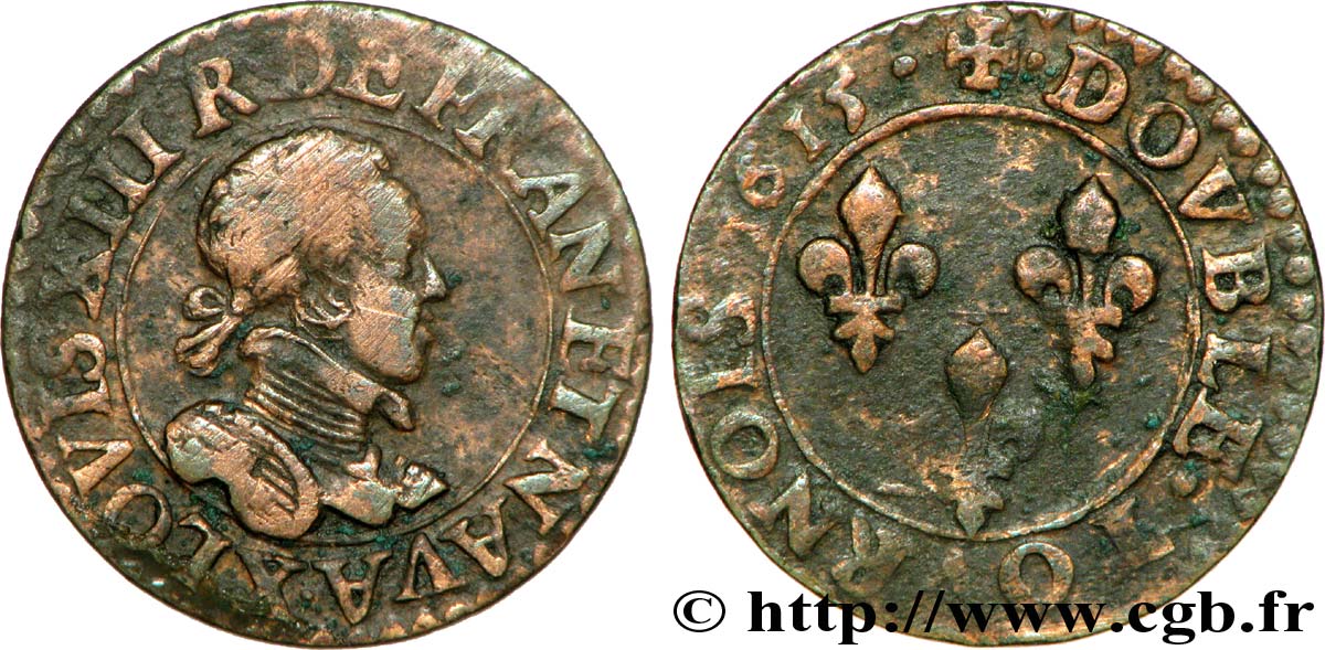 LOUIS XIII LE JUSTE Double tournois, 2e type 1615 Amiens TB+