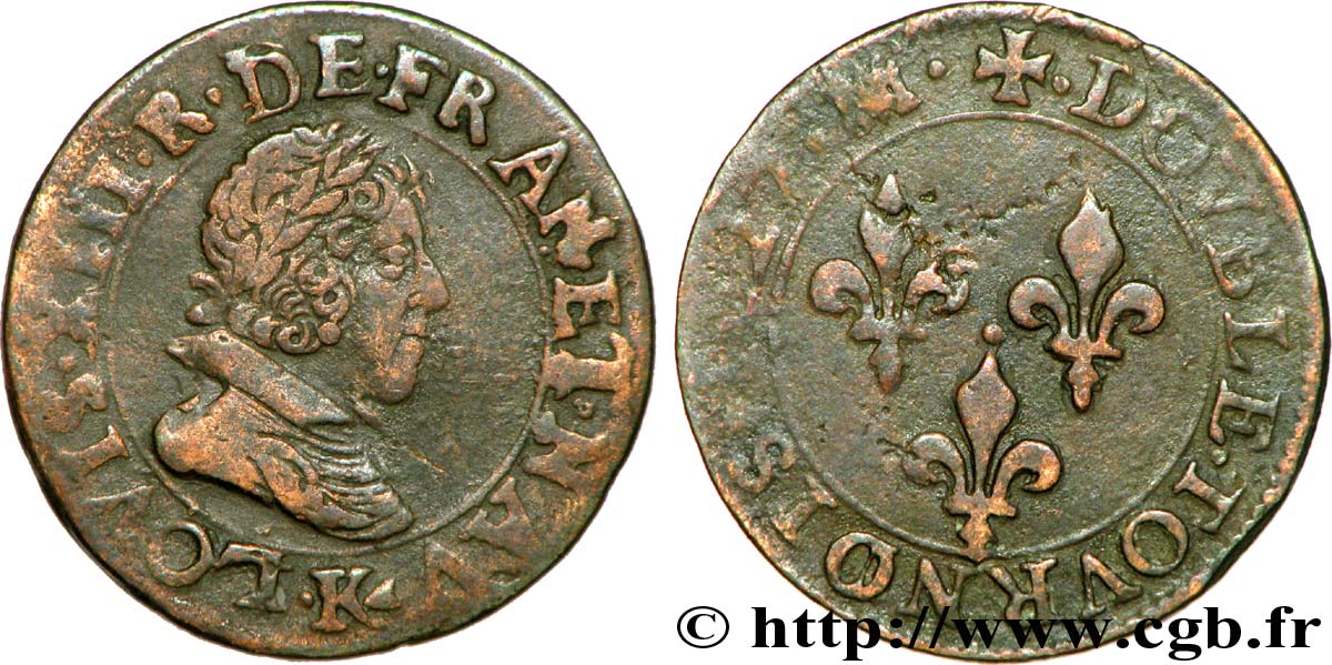 LOUIS XIII LE JUSTE Double tournois, 7e type 1627 Bordeaux TB+