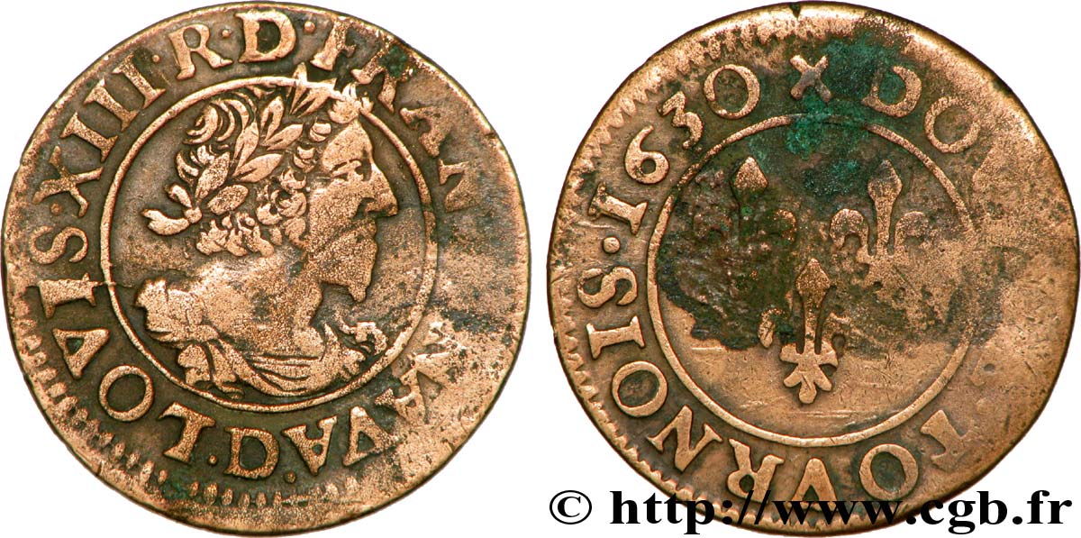 LOUIS XIII LE JUSTE Double tournois, type 7 de Lyon, buste viril barbu et drapé 1630 Lyon TB/B+