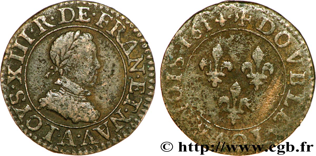 LOUIS XIII LE JUSTE Double tournois, type 1 1614 Paris, Moulin du Louvre TB/B+