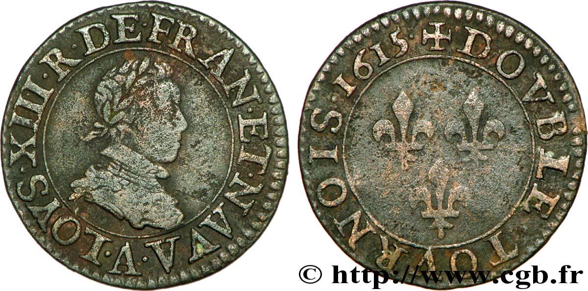 LOUIS XIII LE JUSTE Double tournois, type 1 1615 Paris, Moulin du Louvre TB