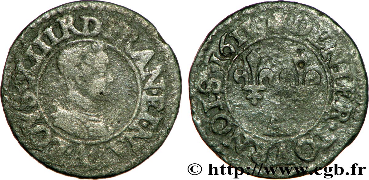 LOUIS XIII LE JUSTE Denier tournois, type 1 1613 Paris B